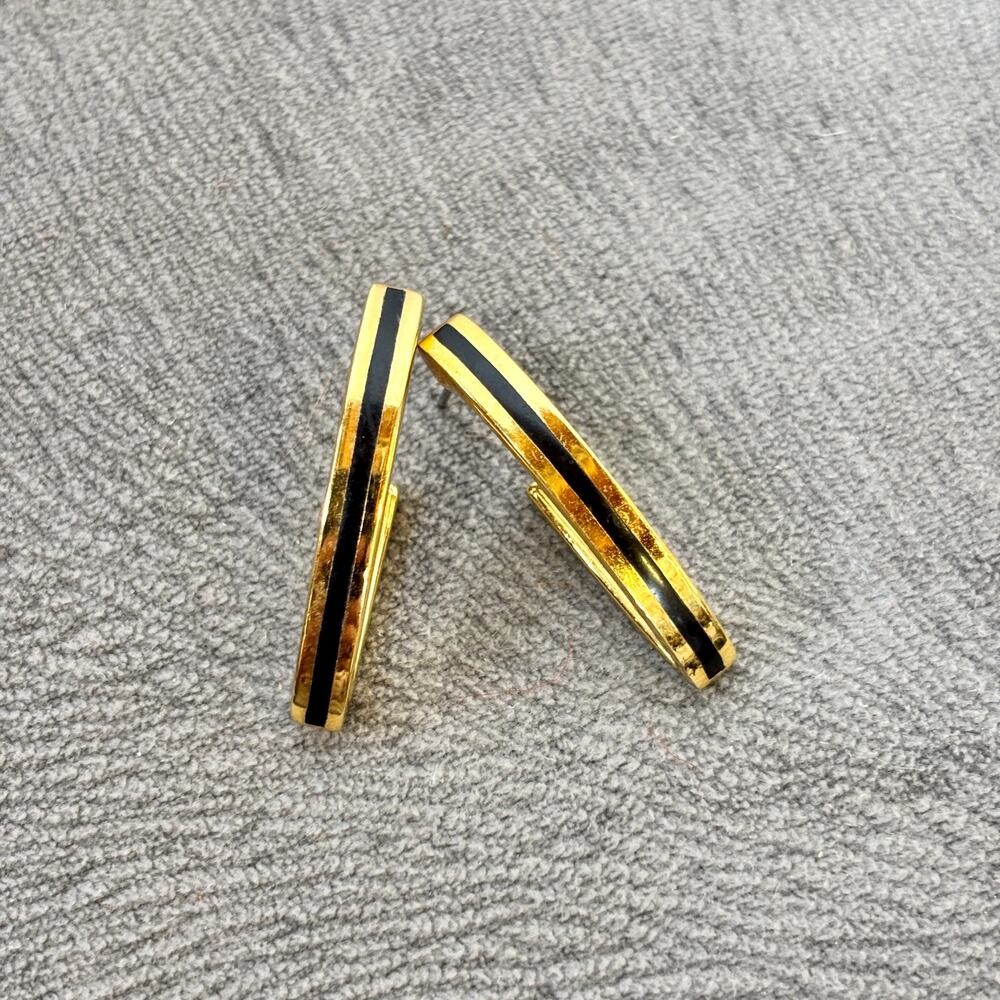 Vintage Gold Tone Black Enamel Pierced Earrings Missing Backs 1980s-90s 1.25"